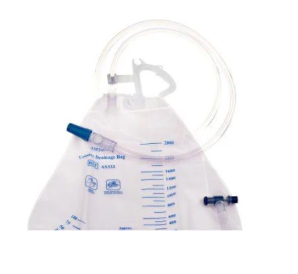 Drainage Bags, Urinary w/Hook, 2000ml w/Anti Reflux Valve, Latex-Free 20ea/cs