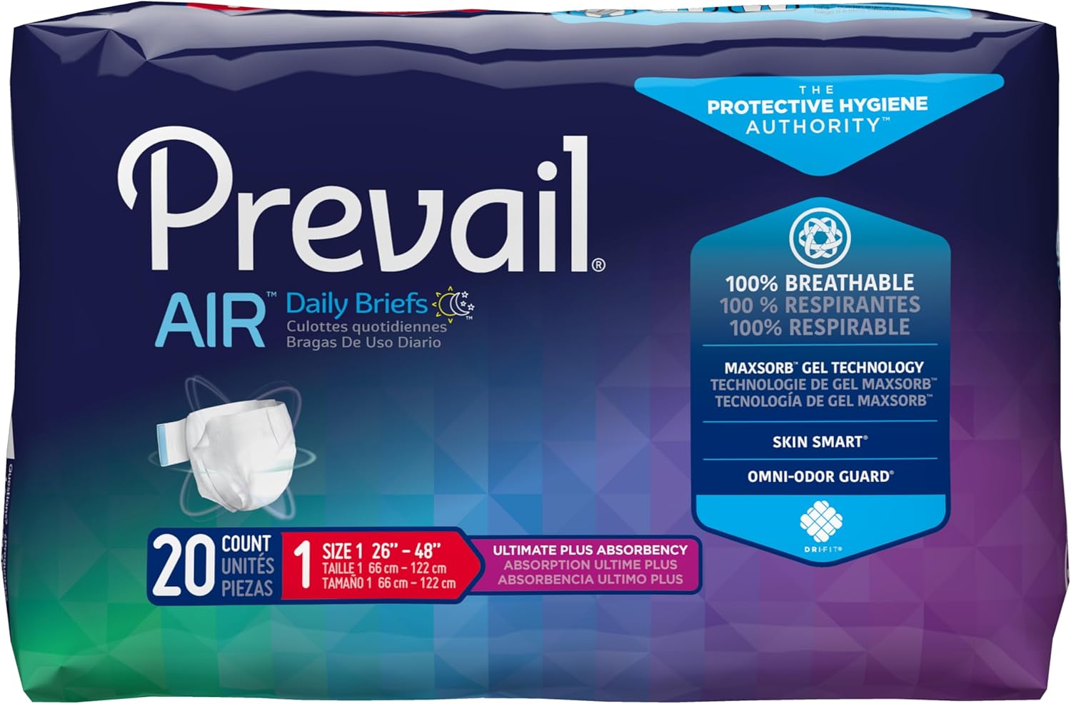 Prevail Air Plus Daily Briefs 100% Breathable Size 1 26"-48" - 20ea/pk 4pk/cs